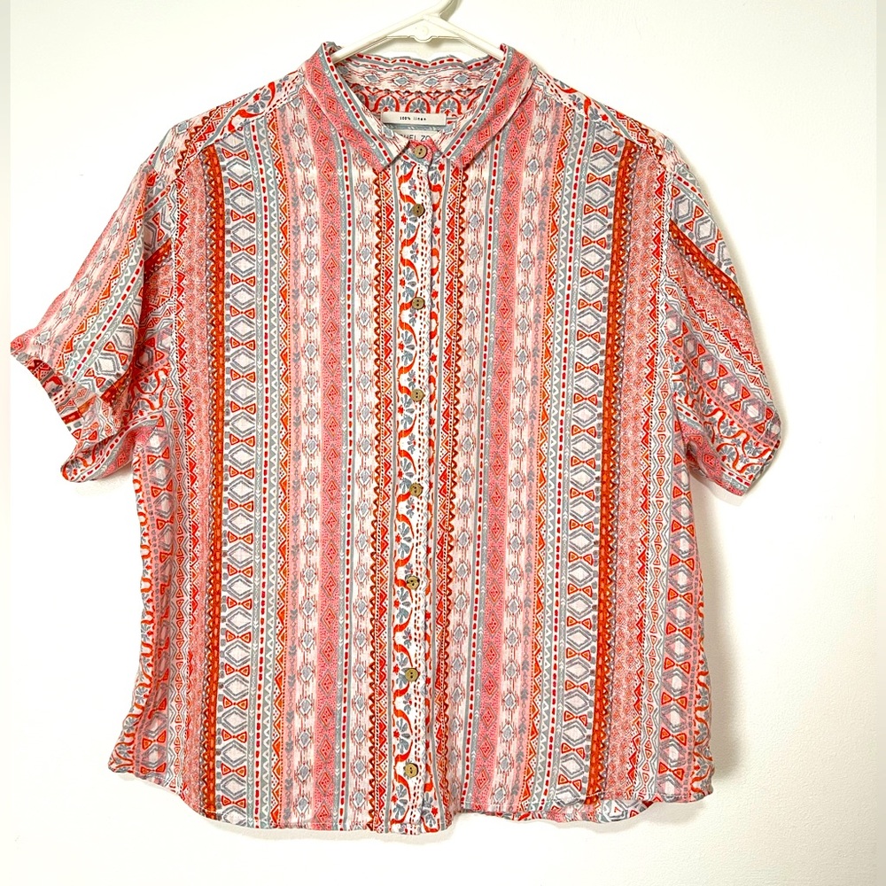 Rachel Zoe 100% Linen Womens Short Sleeves Button Down Shirt Size M